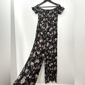 Black Floral Over the shoulder long wide romper pants